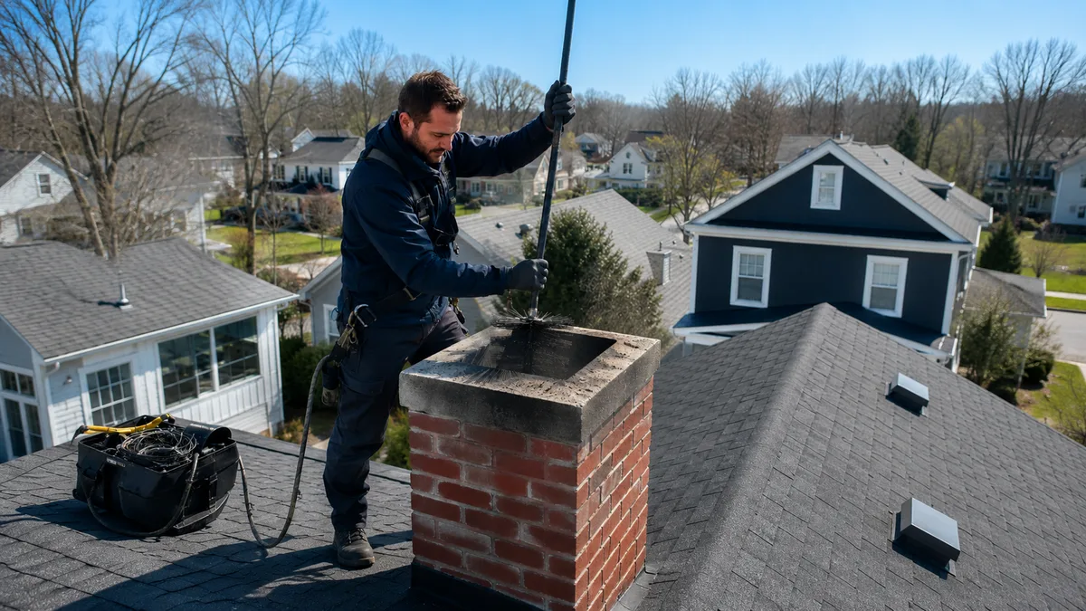 Chimney technician cleaning a brick chimney on a residential roof