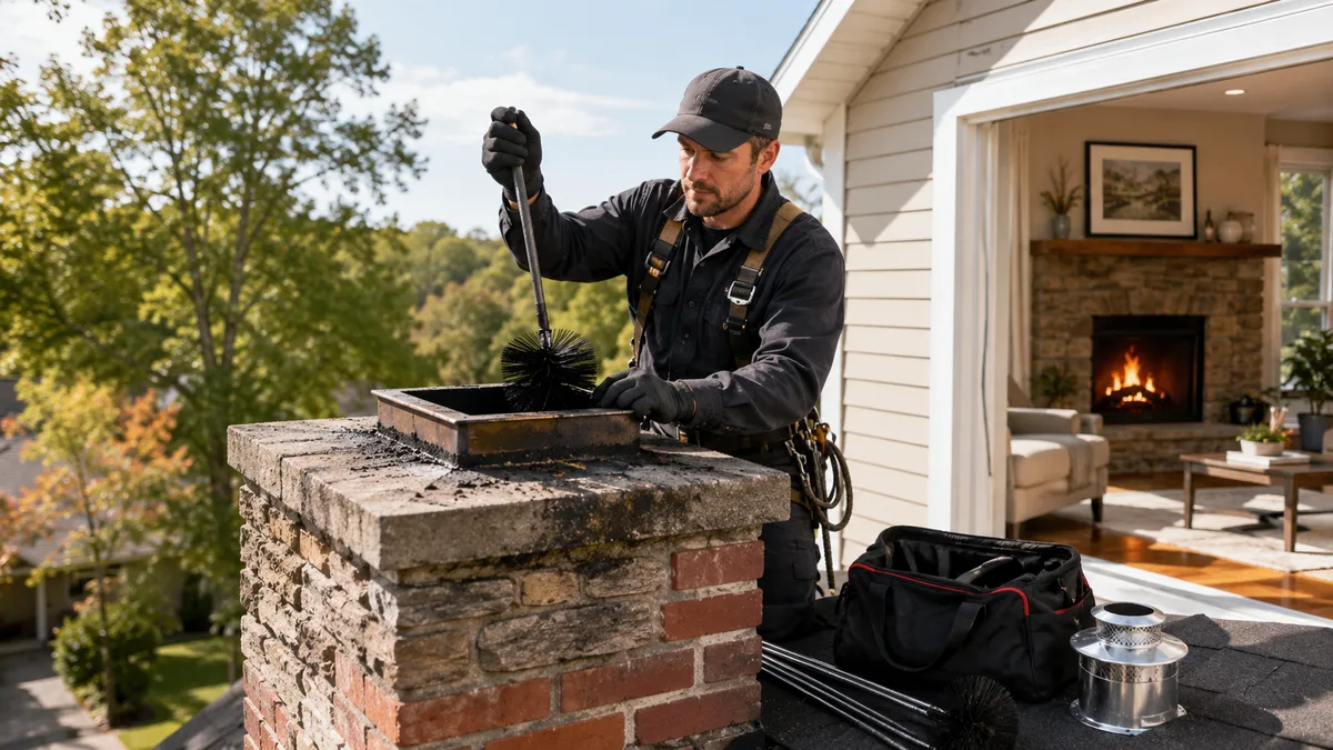 Chimney technician cleaning a chimney flue on a roof